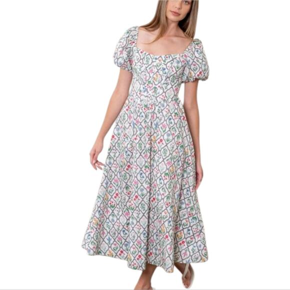 Anthropologie X Moon River Puff Sleeve Corset Midi Dress Ivory Multi Floral Med - Picture 9 of 11
